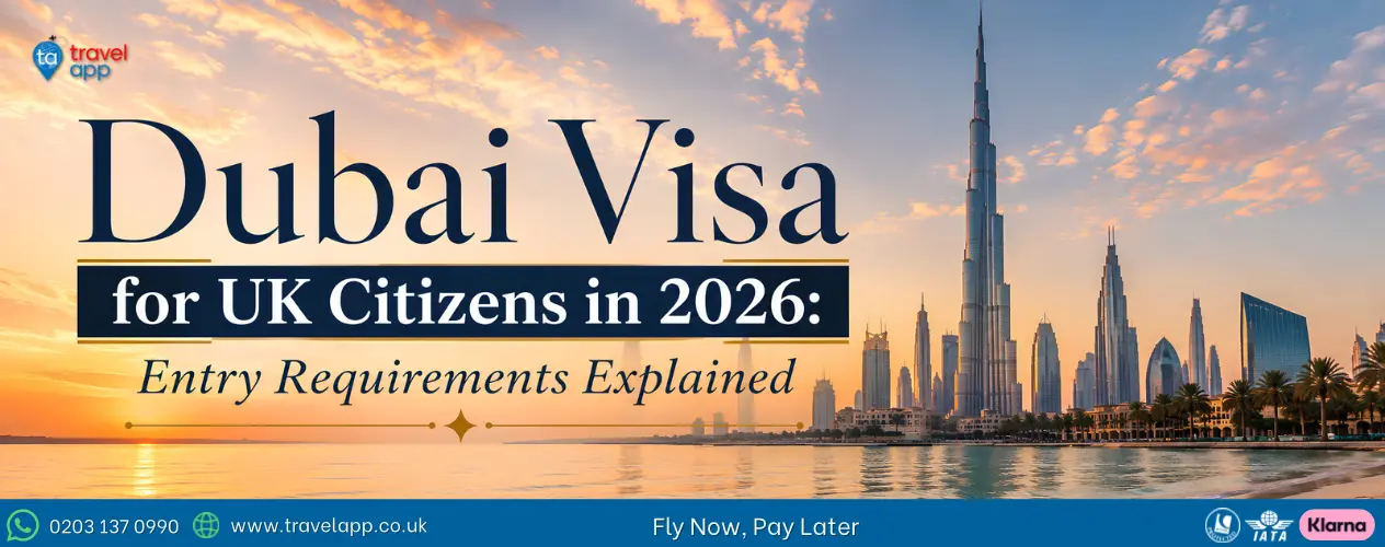 UK passport and Dubai skyline representing visa requirements for British travellers