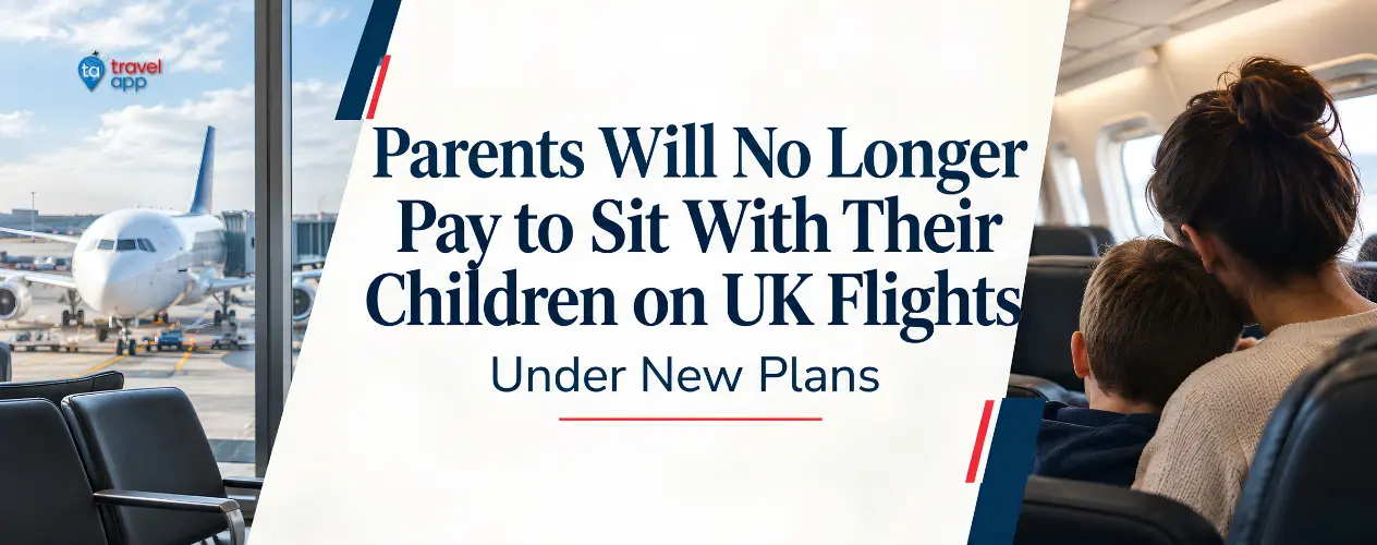 A mother and young child smiling together in adjacent airplane seats during a flight from the UK.