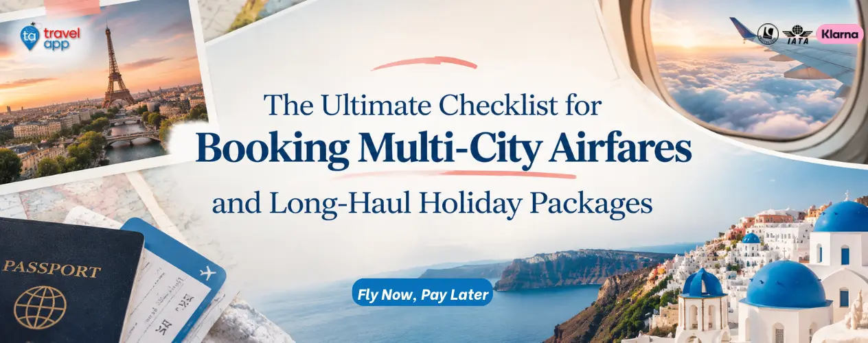 Travellers reviewing a checklist for multi-city flights and long-haul holiday packages